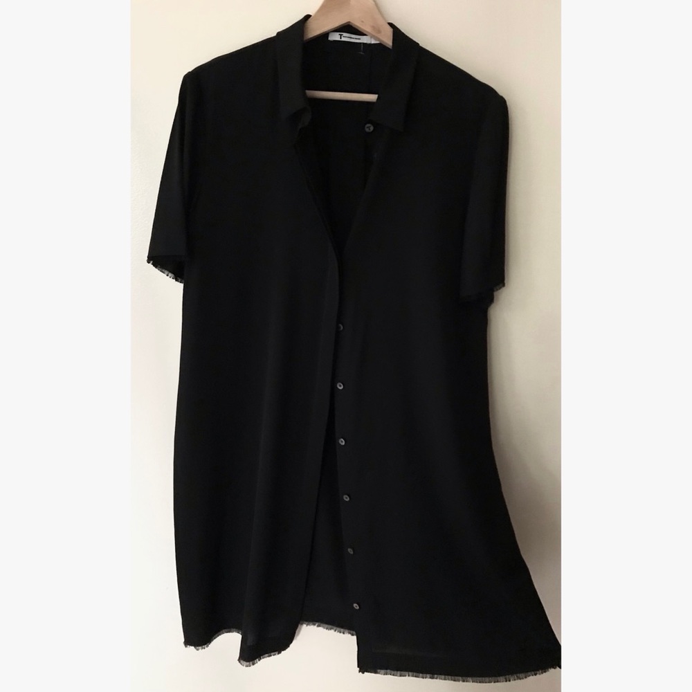 T Alexander Wang • 6 • 100% Silk Short Sleeve Button Up Shirt Dress Fringe Hem